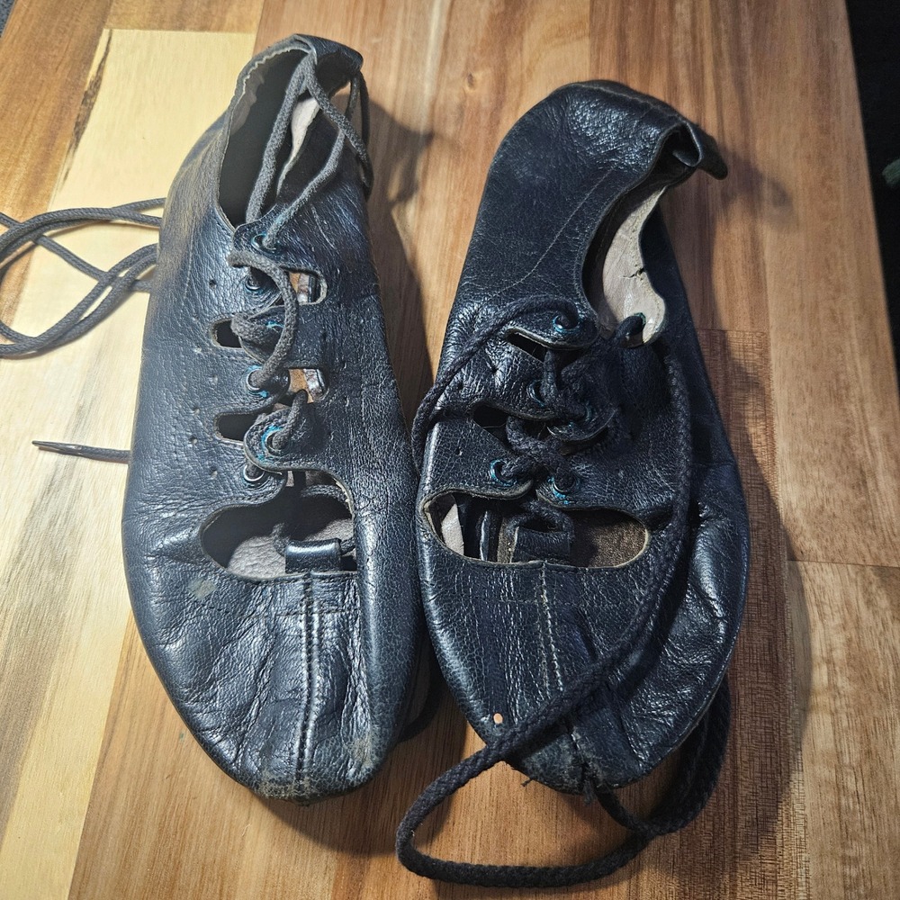 Vintage Black Leather Irish Dance Ghillies Lace Up Soft Sole Step Shoes 20cm